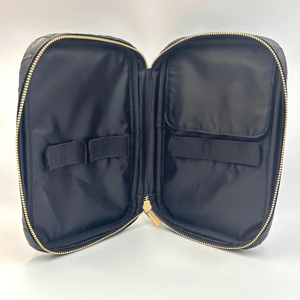 Kevyn Aucoin Woven Makeup Bag Black Faux Leather Travel Case Gold Hardware NEW